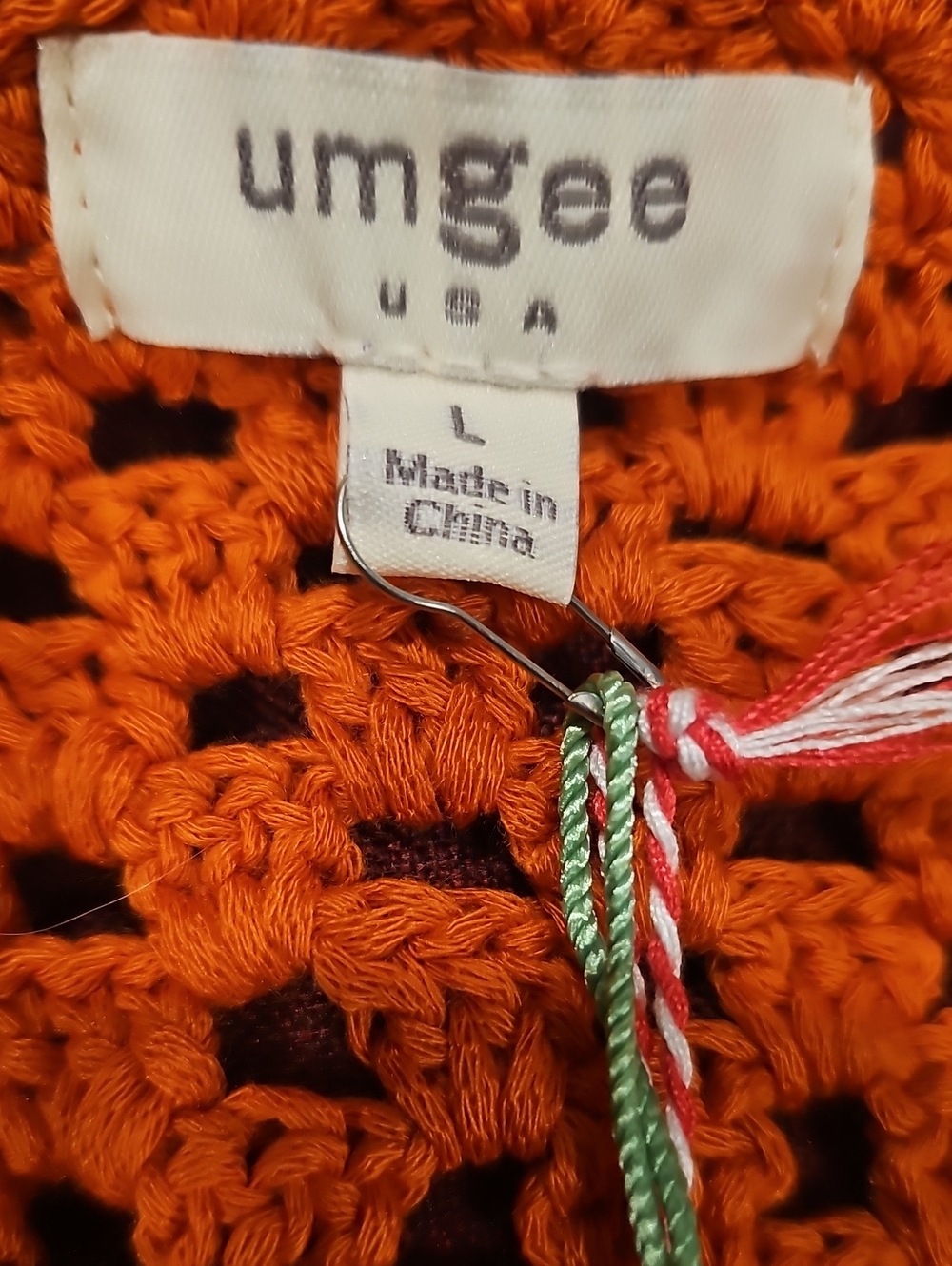 Umgee Orange Crochet Fringe Vest with Multicolor Squares L NWT - Picture 8 of 11
